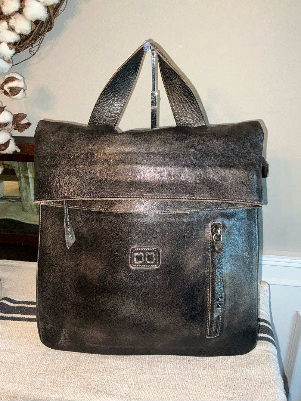 Bed Stu Leather Unisex Howie Flapover Leather Backpack Black Rustic Retail $365